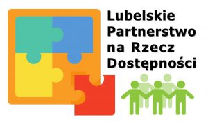 Logo Lubelskiego Partnerstwa na Rzecz Dostępności. Kwadrat z dołączonych puzzli w kolorach: czerwonym, żółtym, zielonym i niebieskim. Napis Lubelskie Partnerstwo na Rzecz Dostępności. Ikona przedstawiająca grupkę ludzików