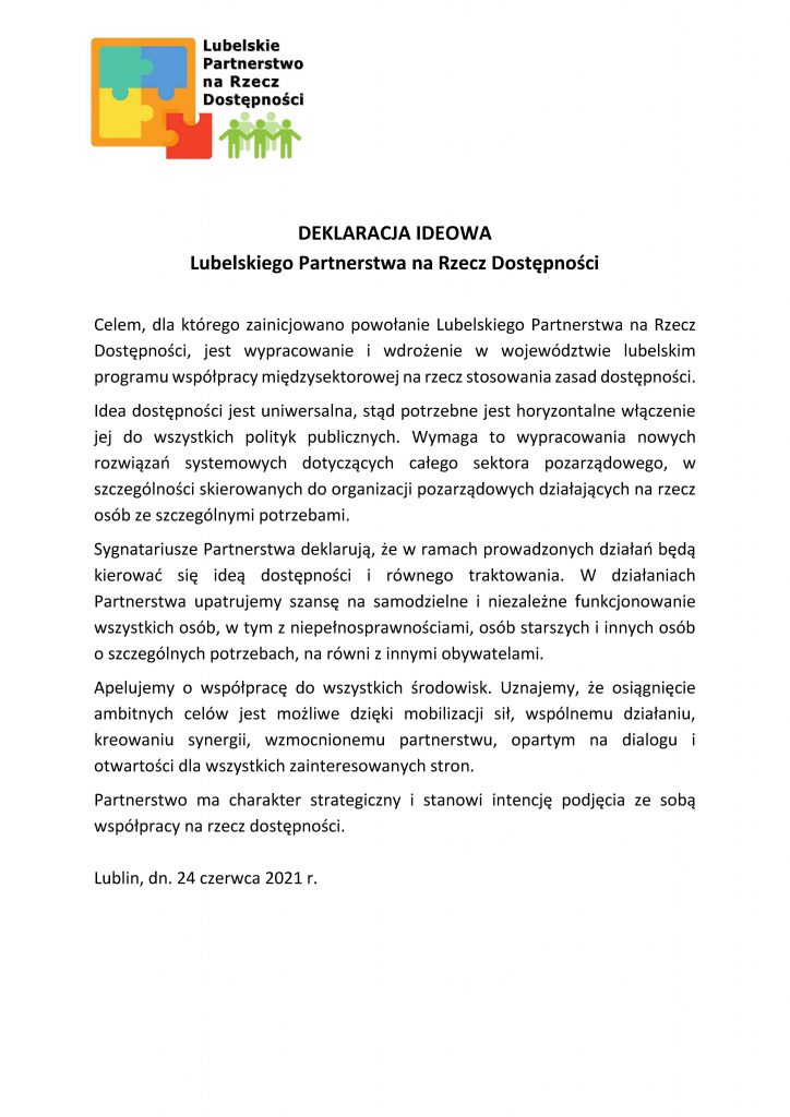 Deklaracja Ideowa Lubelskiego Partnerstwa na Rzecz Dostępności