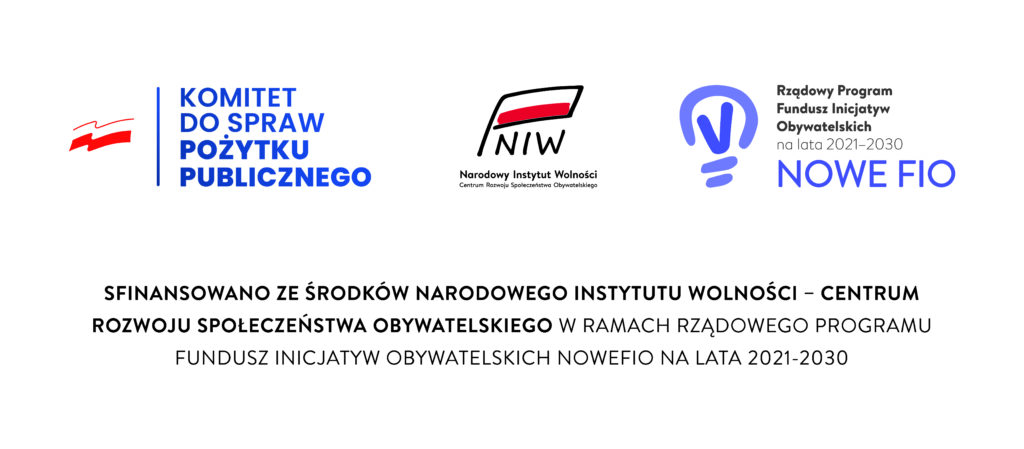 Plakat o sfinansowaniu projektu ze środków NIW-CRSO w ramach Rządowego Programu Fundusz Inicjatyw Obywatelskich NOWEFIO na lata 2021-2025