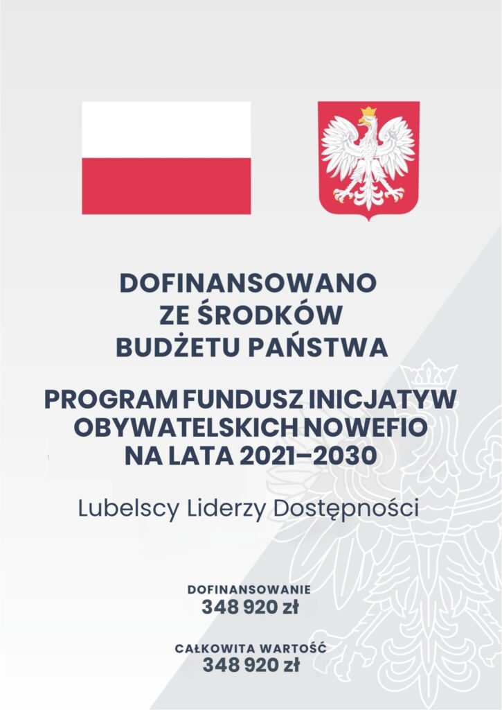 Plakat o dofinansowaniu ze środków Budżetu Państwa projektu "Lubelscy Liderzy Dostępności" w ramach Programu Fundusz Inicjatyw Obywatelskich NOWEFIO na lata 2021-2025