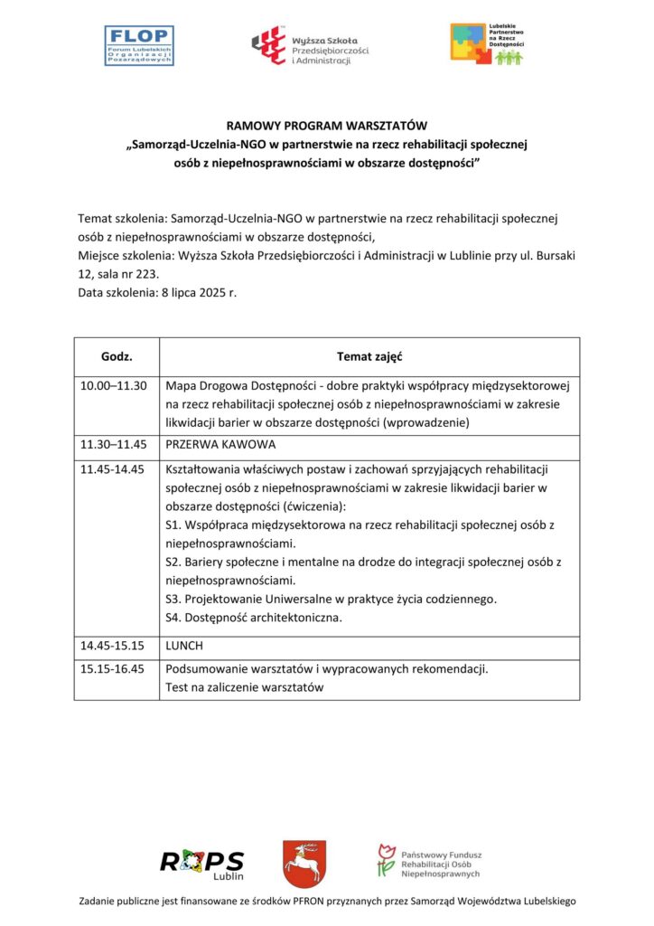 Ramowy program warsztatów "Samorząd-Uczelnia-NGO..." finansowanego ze środków PFRON przyznanych przez Samorząd Województwa Lubelskiego