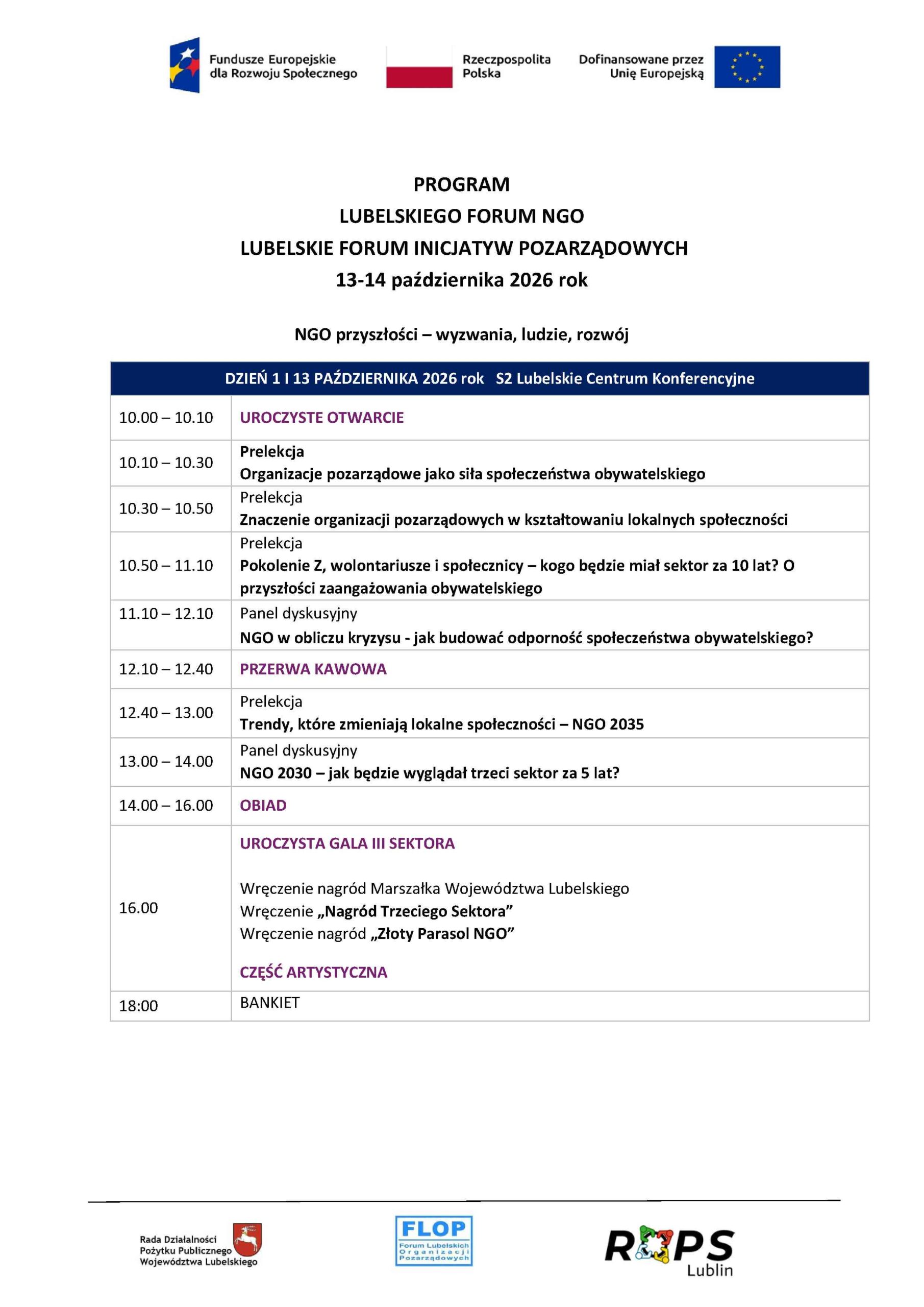 Program Lubelskiego Forum NGO i XIII Lubelskiego Forum Inicjatyw Pozarządowych (LFIP 2026) w dniach 13-14 października 2026 r.