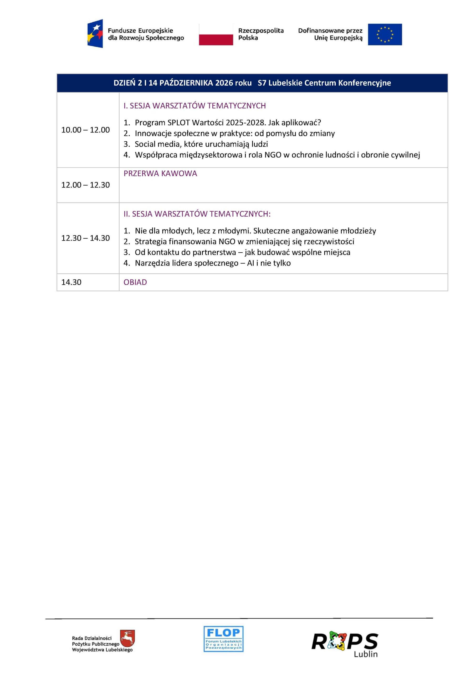 Program Lubelskiego Forum NGO i XIII Lubelskiego Forum Inicjatyw Pozarządowych (LFIP 2026) w dniach 13-14 października 2026 r.