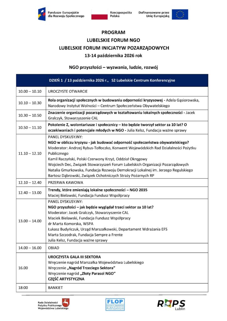 Program Lubelskiego Forum NGO i XIII Lubelskiego Forum Inicjatyw Pozarządowych (LFIP 2026) w dniach 13-14 października 2026 r.