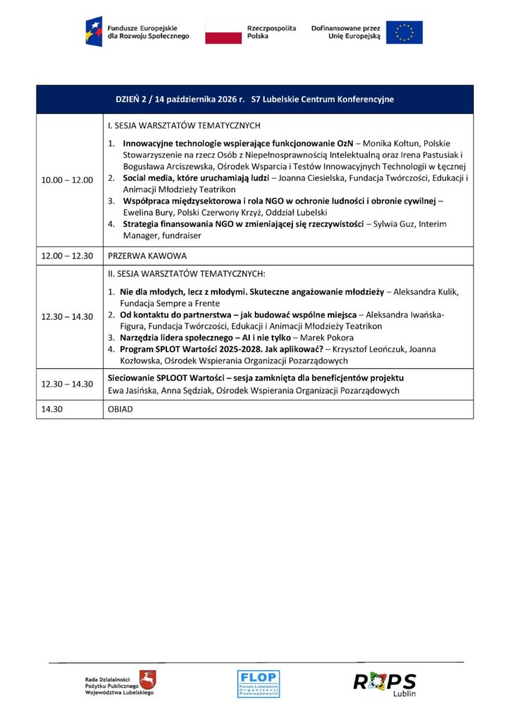 Program Lubelskiego Forum NGO i XIII Lubelskiego Forum Inicjatyw Pozarządowych (LFIP 2026) w dniach 13-14 października 2026 r.