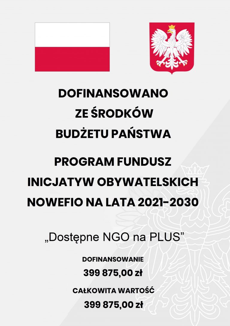 Plakat informacyjny o dofinansowaniu z Budżetu Państwa projektu "dostępne NGO na PLUS"