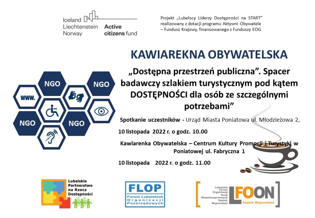 Plakat Kawiarenki obywatelskiej w dniu 10 listopada 2022 r. w Poniatowej