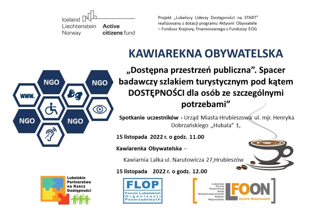 Plakat zapraszający na Kawiarenkę Obywatelską pt. „Dostępna przestrzeń publiczna” w dniu 15 listopada 2022 r. w Hrubieszowie