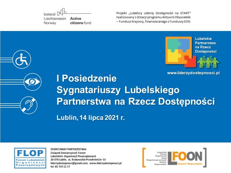 Plakat I posiedzenia Lubelskiego Partnerstwa na Rzecz Dostępności w dn. 14 lipca 2021 r.