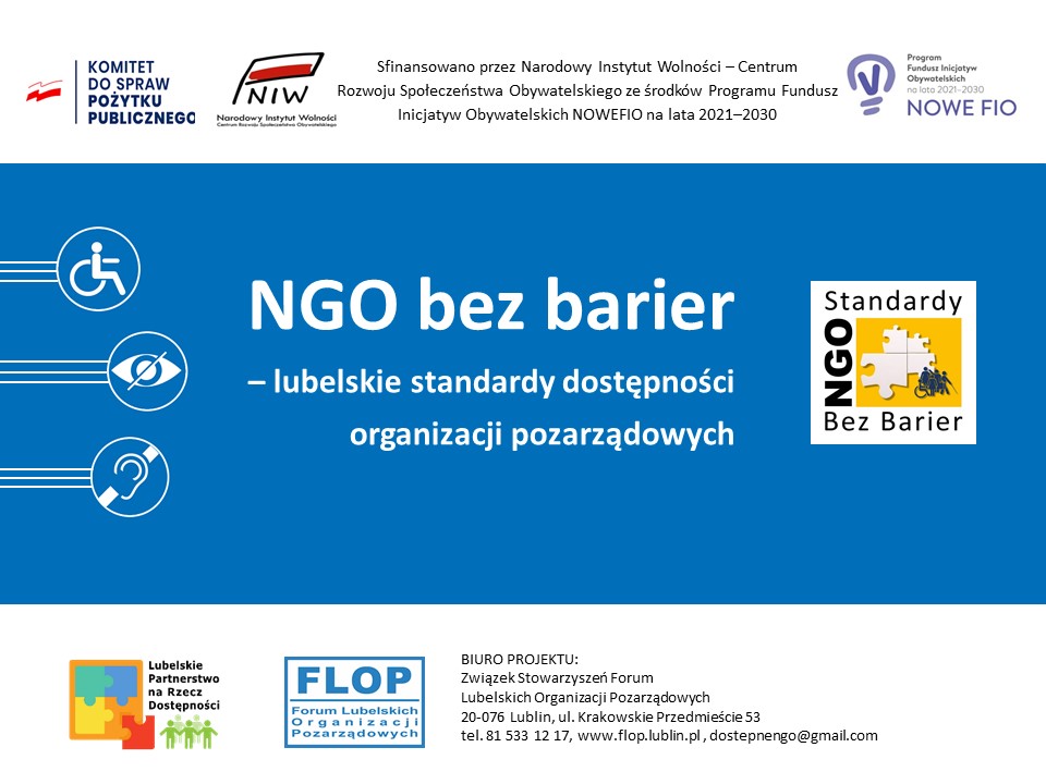 Plakat zapraszający na szkolenie „NGO bez barier – lubelskie standardy dostępności organizacji pozarządowych” w ramach projektu "Dostępne NGO na PLUS"