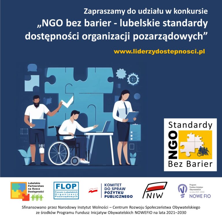 Ulotka: Konkurs dla organizacji pozarządowych "NGO bez barier - lubelskie standardy dostępności organizacji pozarządowych"