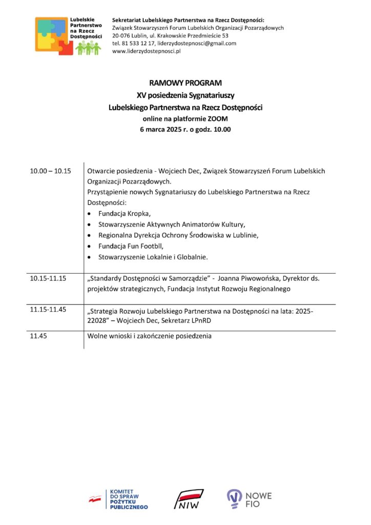 Program XV spotkania online Sygnatariuszy Lubelskiego Partnerstwa na Rzecz Dostępności w dniu 6 marca 2025 r.