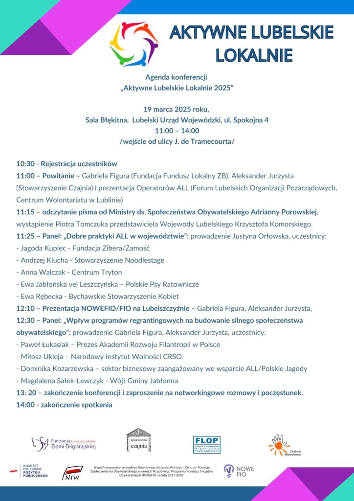 Program konferencji "Aktywne Lubelskie Lokalnie 2025" w dniu 19 maja 2025 r. w Lublinie
