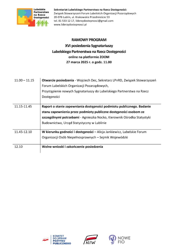 Program XVI posiedzenia Lubelskiego Partnerstwa na Rzecz Dostępności w dniu 27 marca 2025