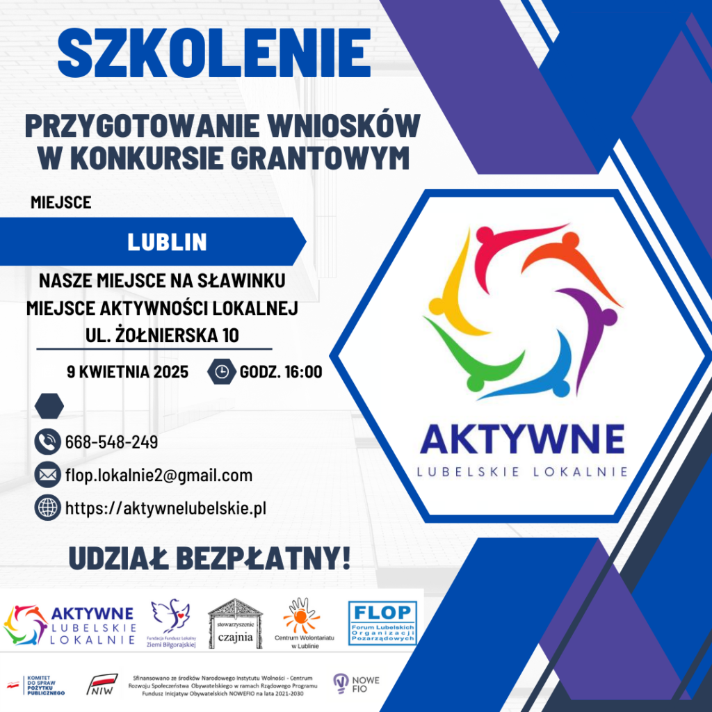 Plakat zapraszający na szkolenie „Przygotowanie wniosków w konkursie grantowym „Aktywne Lubelskie Lokalnie” – edycja 2025” w Lublinie