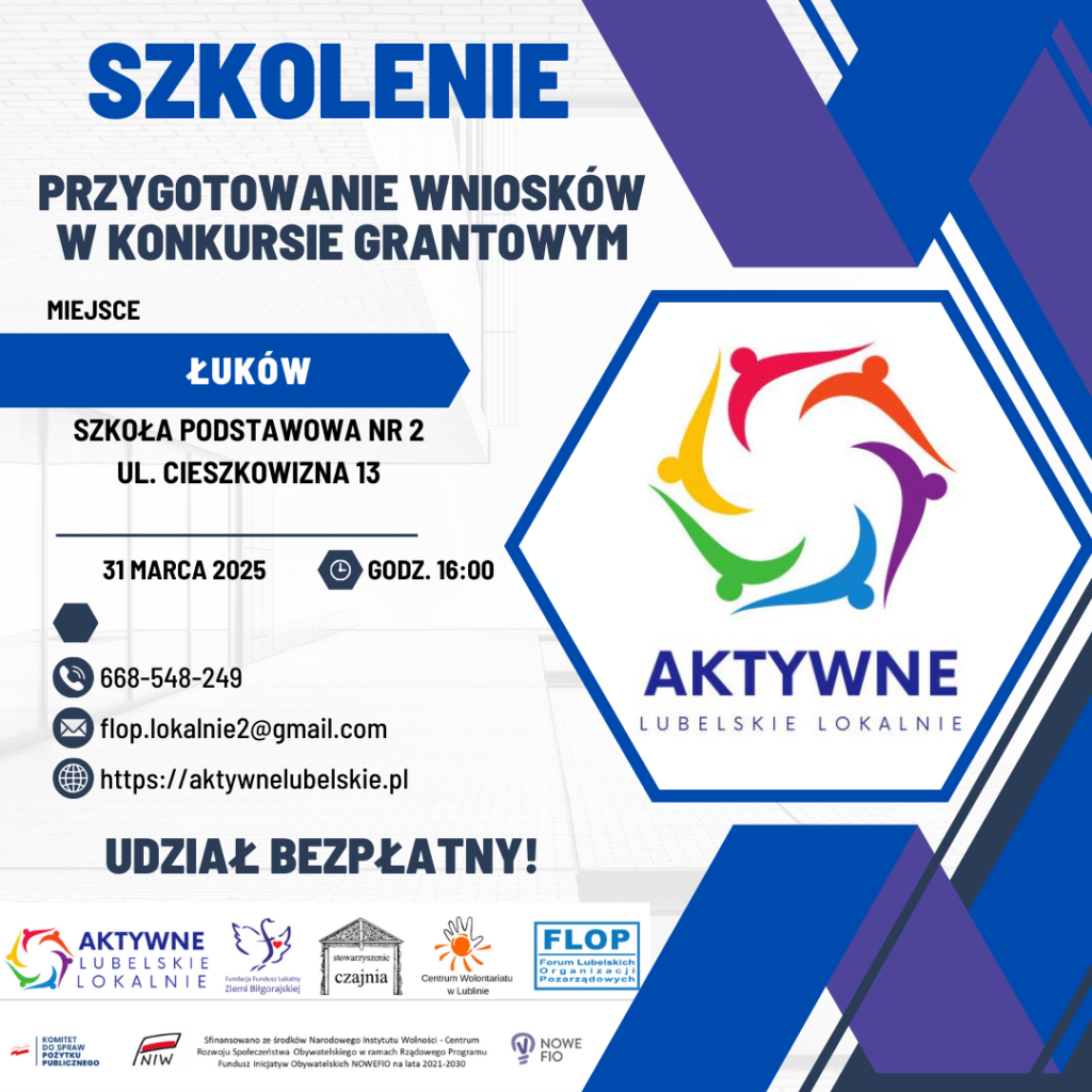 Plakat zapraszający na szkolenie „Przygotowanie wniosków w konkursie grantowym „Aktywne Lubelskie Lokalnie” – edycja 2025” w Łukowie