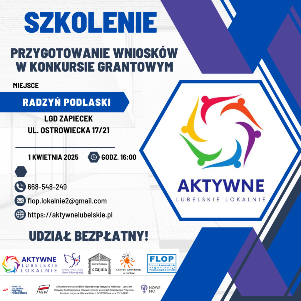 Plakat zapraszający na szkolenie „Przygotowanie wniosków w konkursie grantowym „Aktywne Lubelskie Lokalnie” – edycja 2025” w Radzyniu Podlaskim