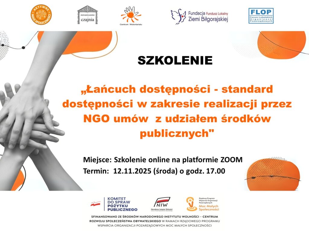 Zaproszenie na szkolenie "Łańcuch dostępności - standard dostępności w zakresie realizacji przez NGO umów z udziałem środków publicznych"