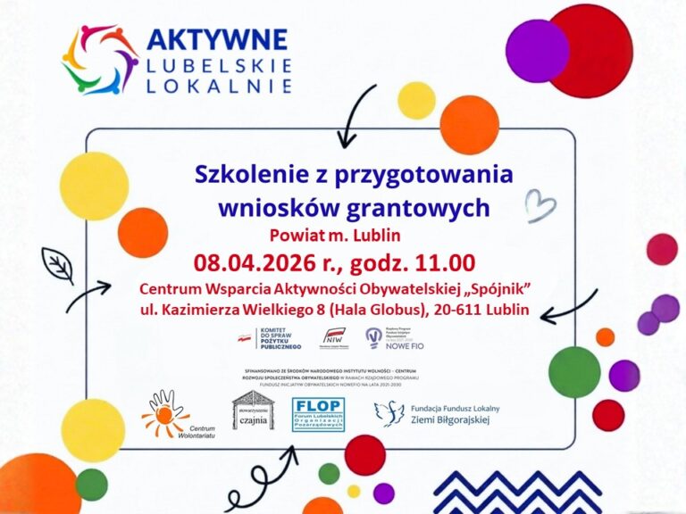 Plakat promujący otwarte szkolenie „Przygotowanie wniosków w konkursie grantowym „Aktywne Lubelskie Lokalnie” – edycja 2026” w siedzibie CWAO Spójnik w Lublinie